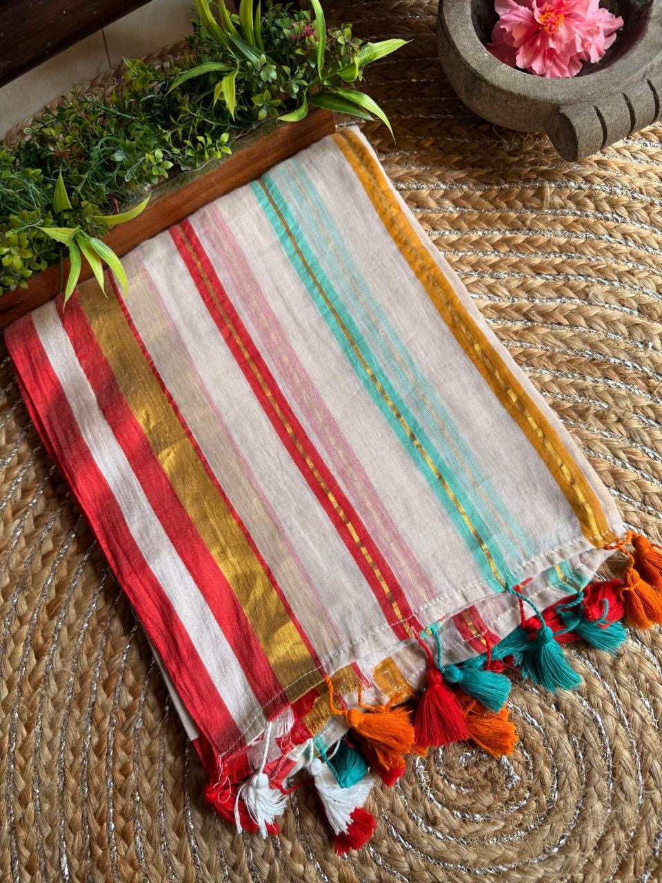 Mul cotton with multi color stripes lined with zari