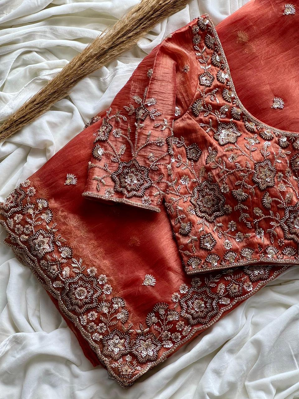 Beautiful soft organza crepe silk saree with handwork (Prebooking)