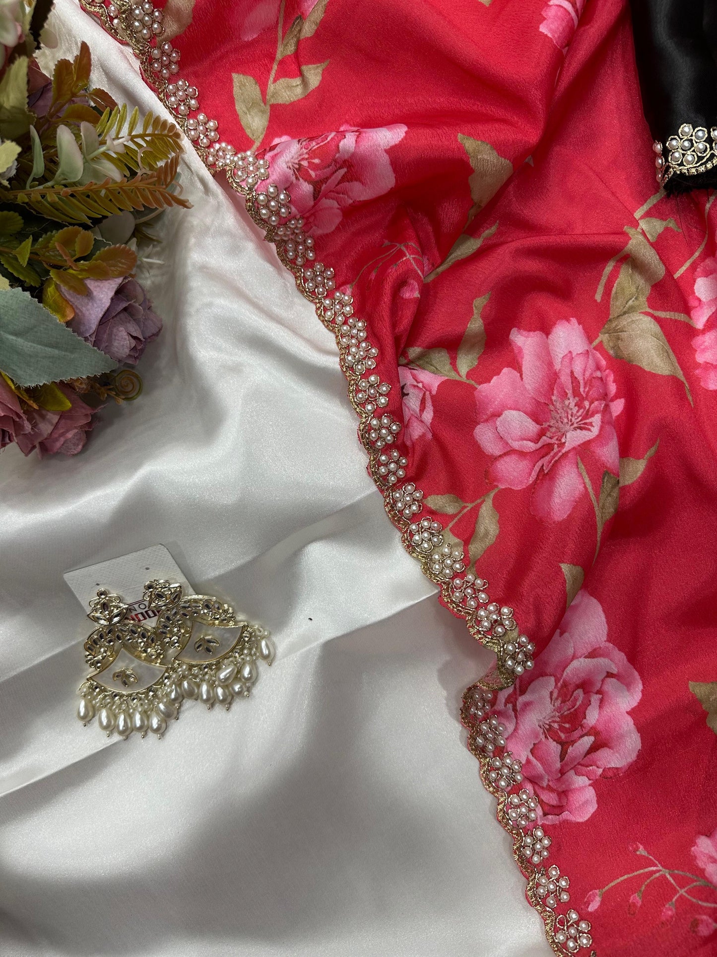 Floral chinon saree with beautiful pearl work border