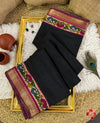 Soft viscous cotton saree with kalamkari printed border and pallu - black
