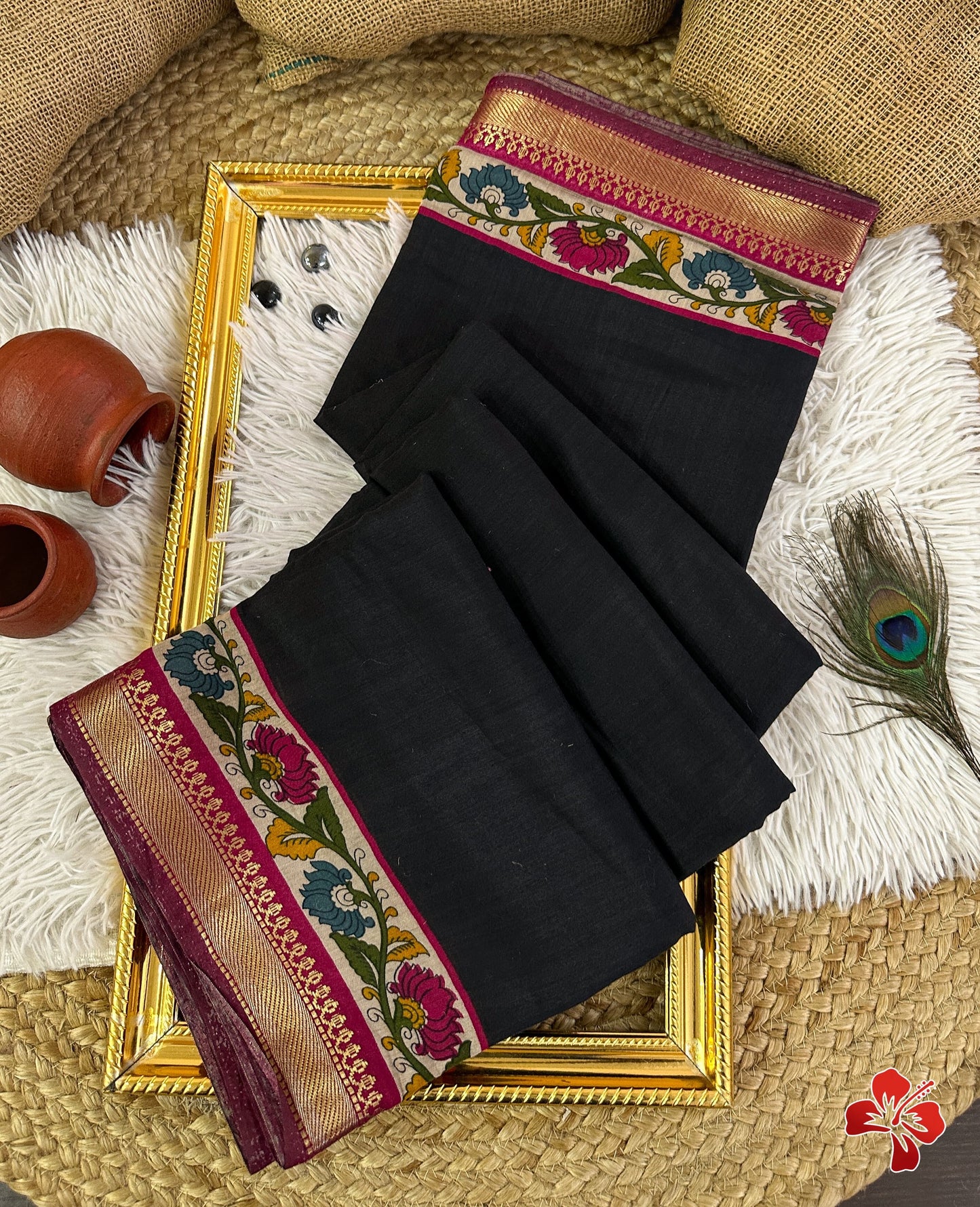 Soft viscous cotton saree with kalamkari printed border and pallu - black