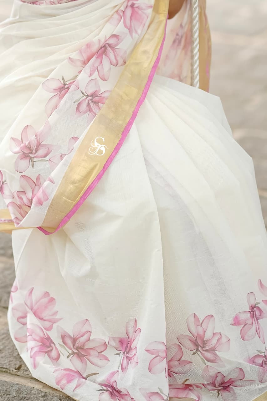 Premium Kerala cotton saree with beautiful pink floral digital prints (Prebooking 15 days)