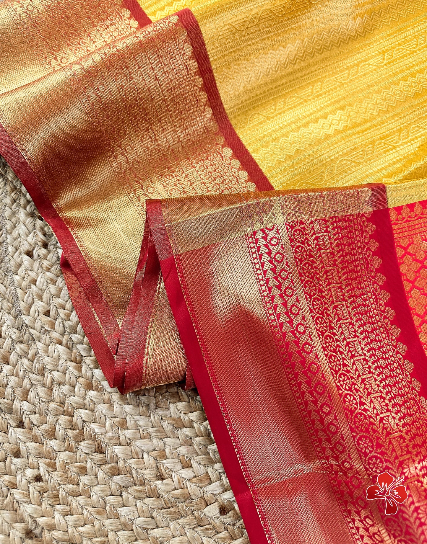 Banarasi tissue kanchi style yellow saree with contrast red border
