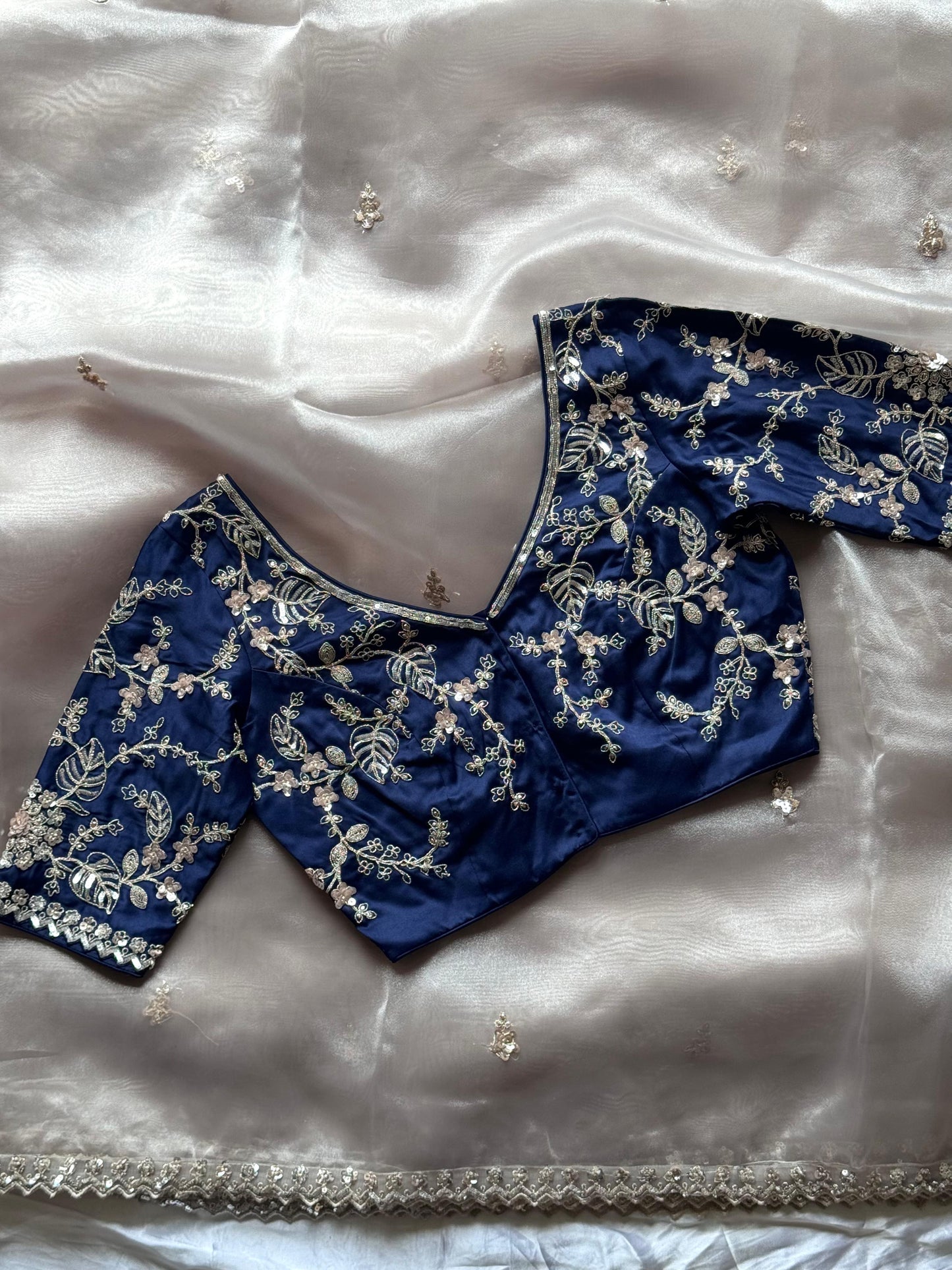 Organza handwork saree - Navy blue blouse