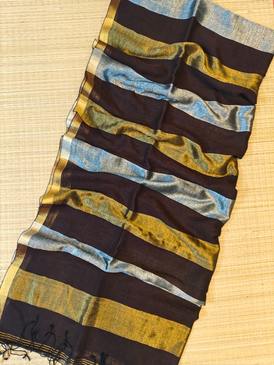 Linen sarees with gold silver zari stripes all over!