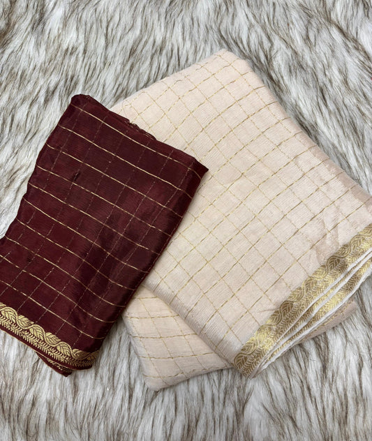 Soft viscous chinon silk saree with checks with contrast blouse