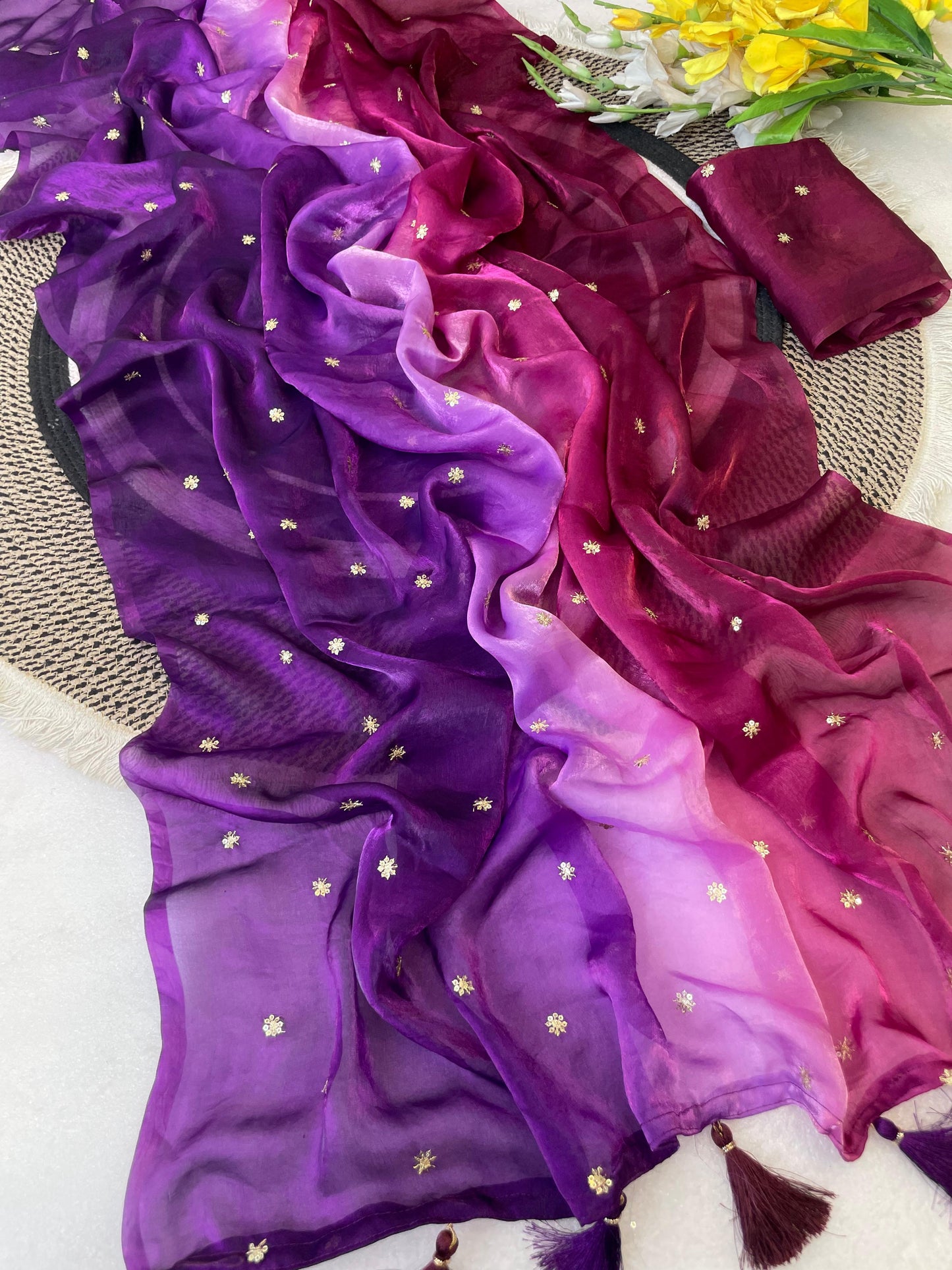 Ombré shaded fendi satin shimmer saree with sequins embroidery