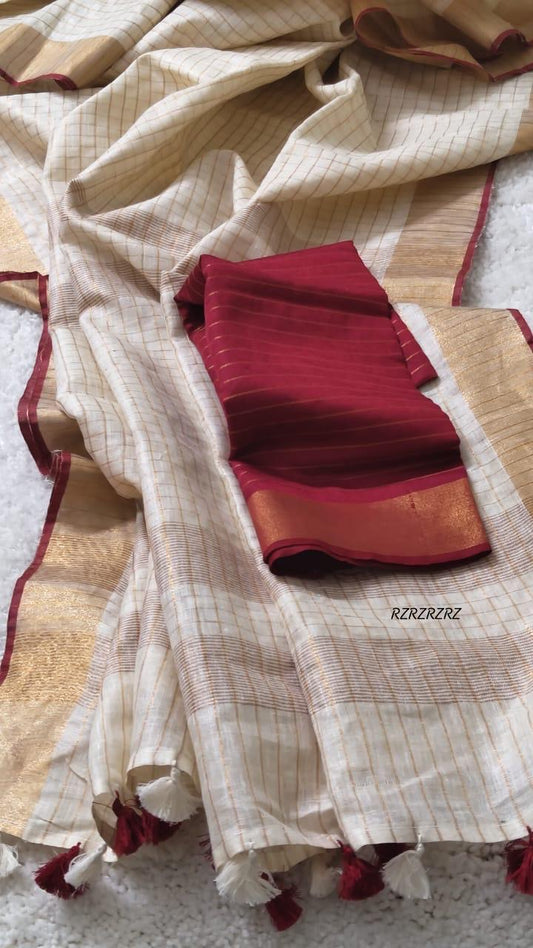 Pure linen checks saree with contrast blouse