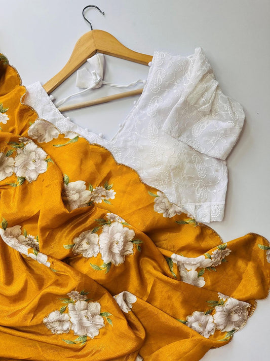 Floral chinon silk saree with embroidery