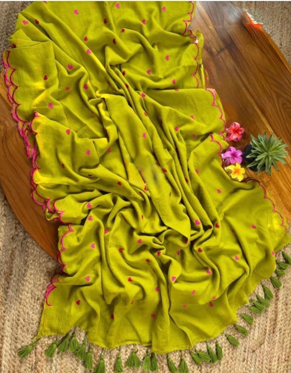 Pure and authentic mul cotton sarees with heart embroidery and scalloped border
