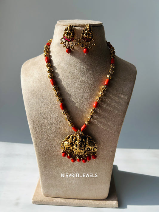Antique gold temple necklace with coral beads