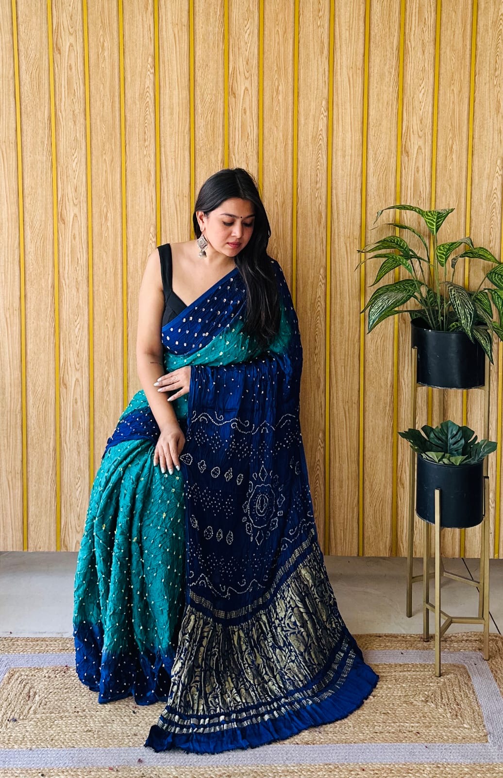 Soft modal silk with nakshi pallu and tye and dye bandhini prints