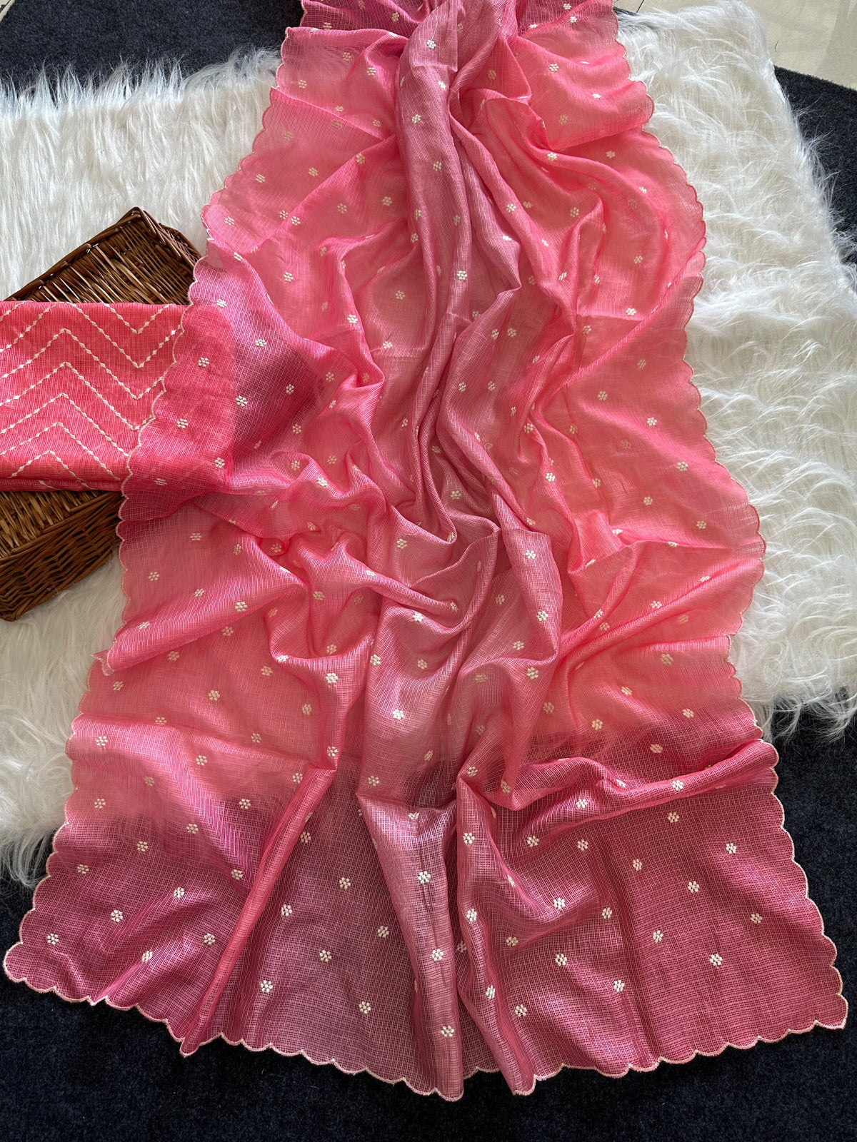 Beautiful kota doria saree with white buti weaving and scalloped border