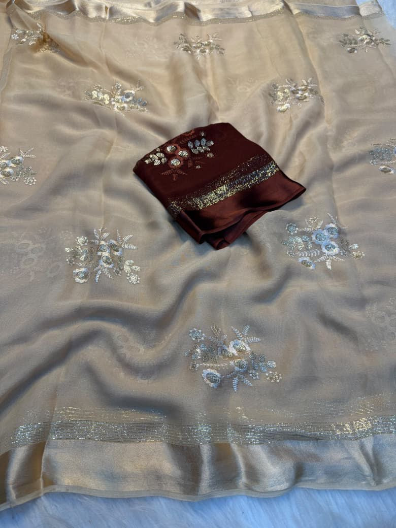 Viscous georgette saree with floral embroidery and satin border