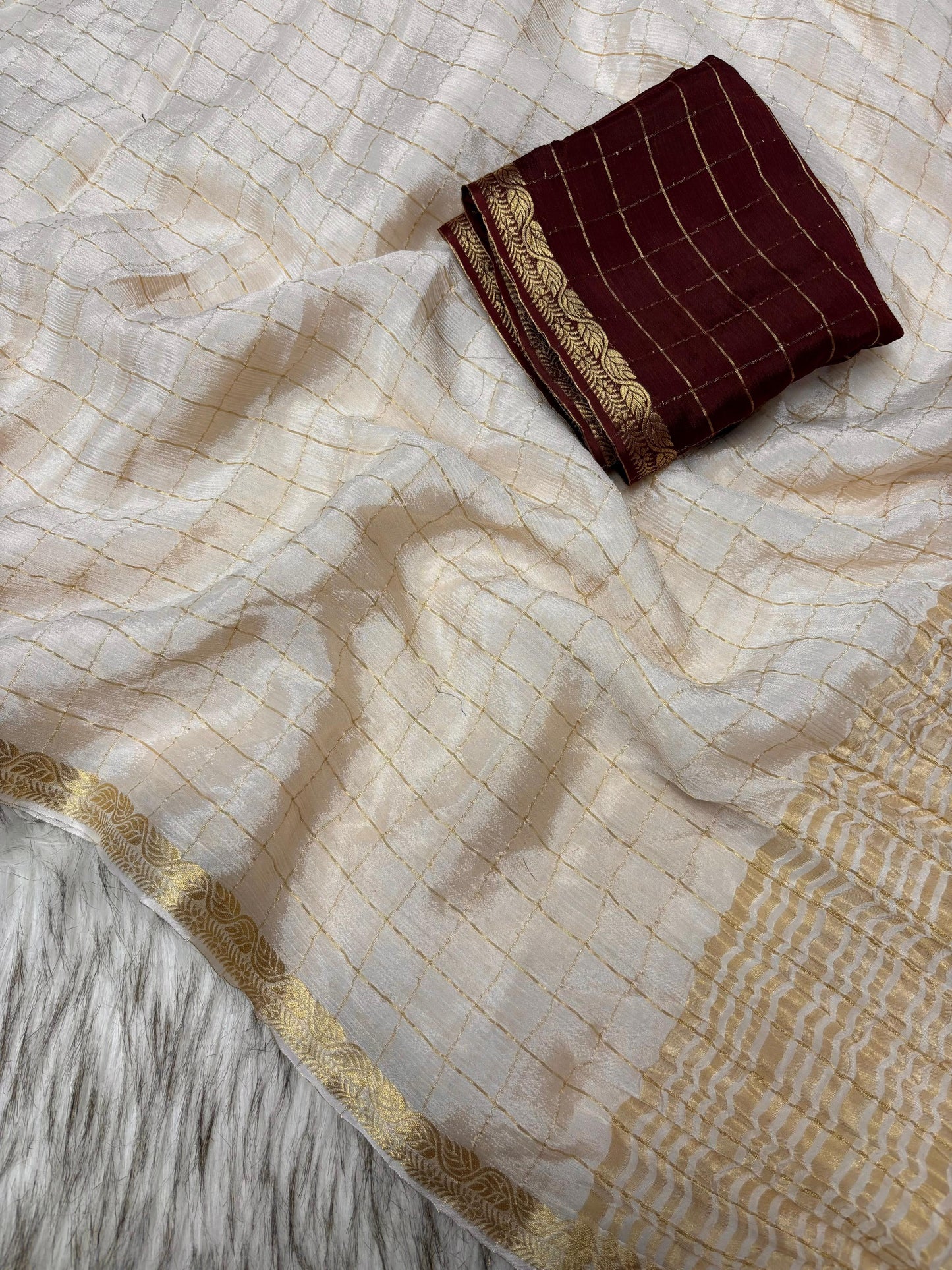 Soft viscous chinon silk saree with checks with contrast blouse