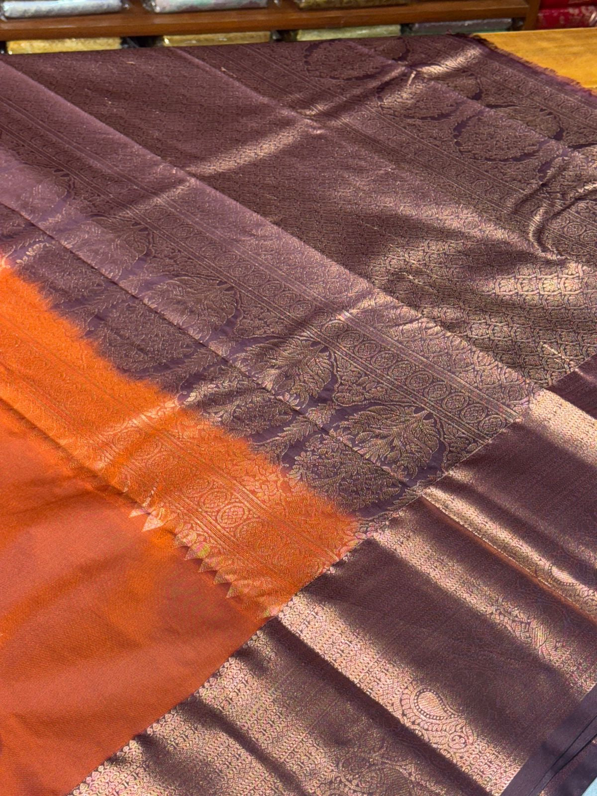 Beautiful premium rust orange semi silk saree with copper zari border
