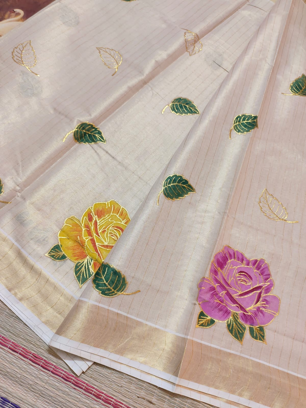 Premium Tissue Striped Saree with Rose Embroidery