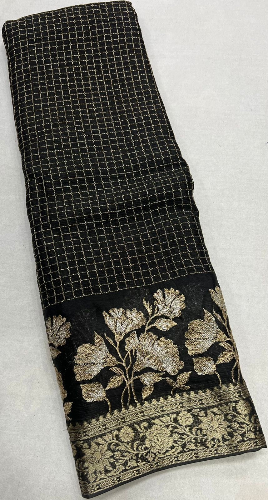 Gorgeous premium viscous chinon silk saree with zari checks and embroidered border