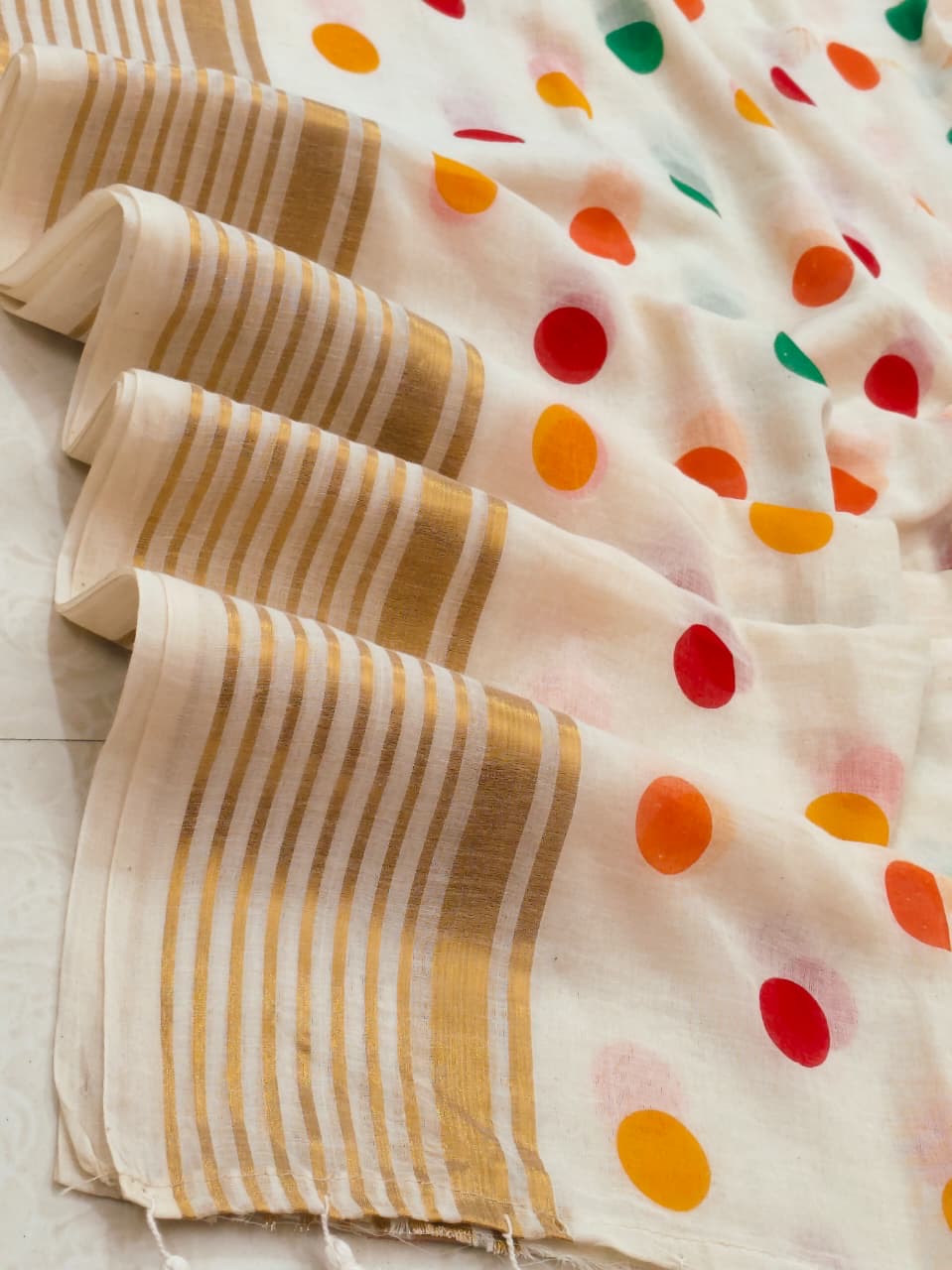(Prebooking) Pure authentic mul cotton saree with zari stripes border and multi color polka body - without blouse