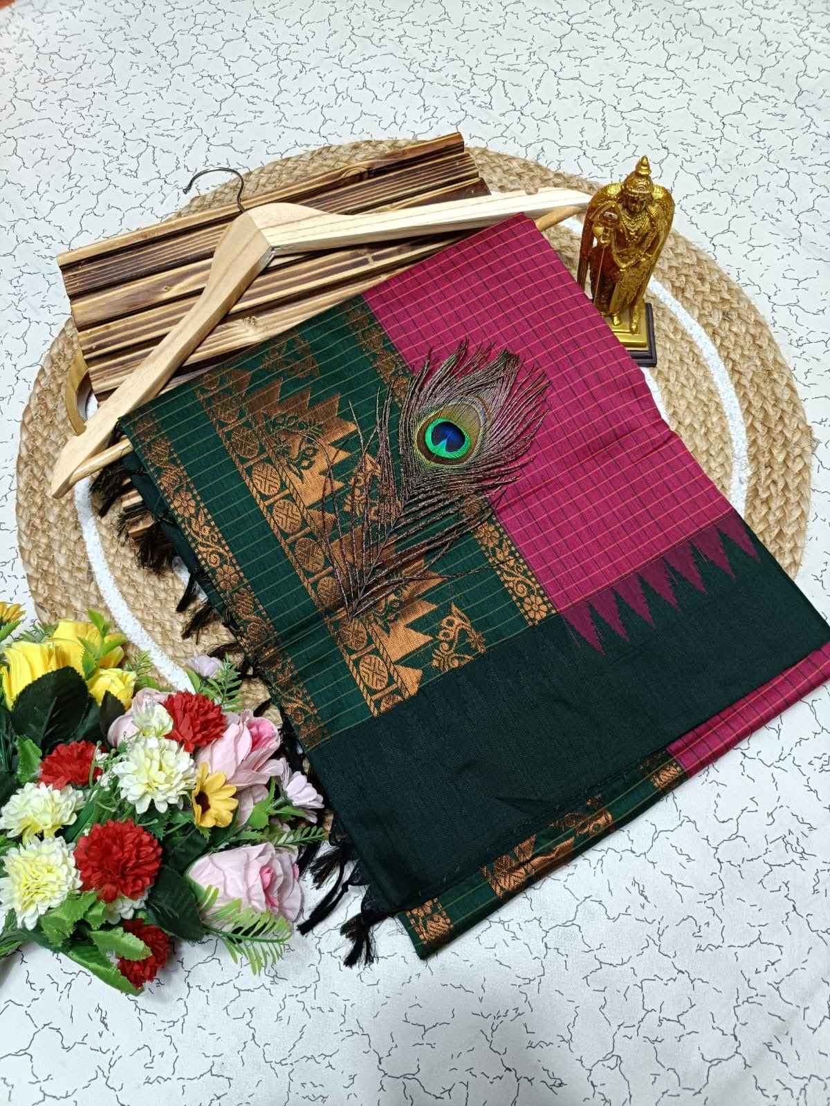 Gorgeous checked silk cotton sarees with solid temple border