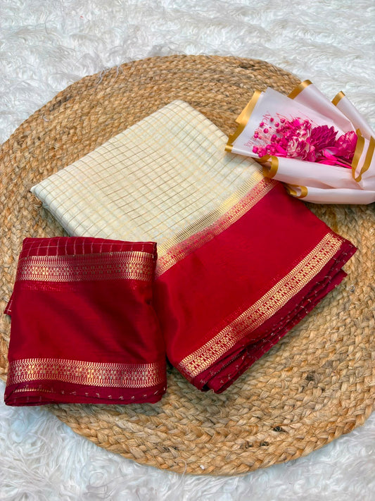 Premium Chinon Checks Saree with Contrast Bentex Zari Border & Matching Blouse