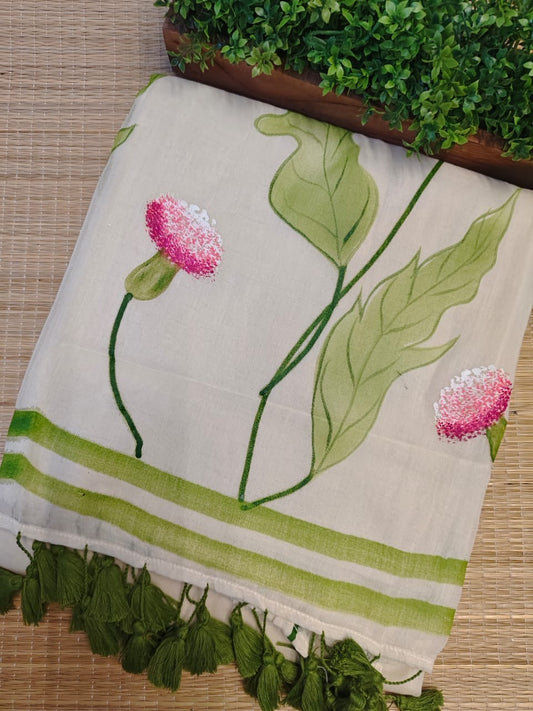 Pure mul cotton handpainted saree - globe amaranth