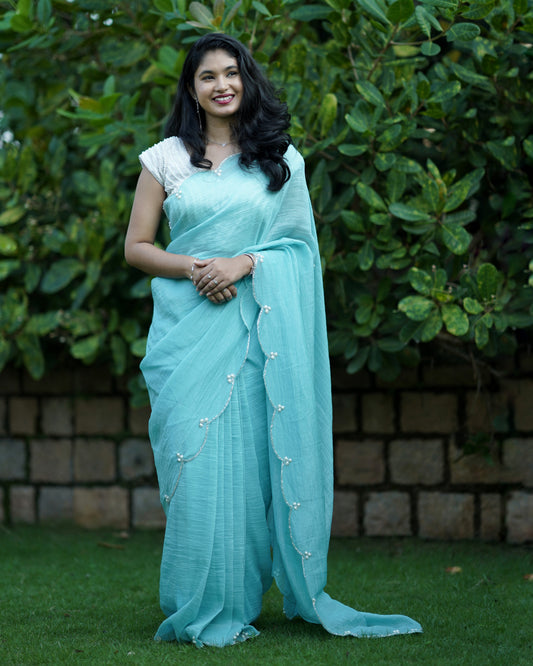 Crush georgette saree with stitched pearl blouse