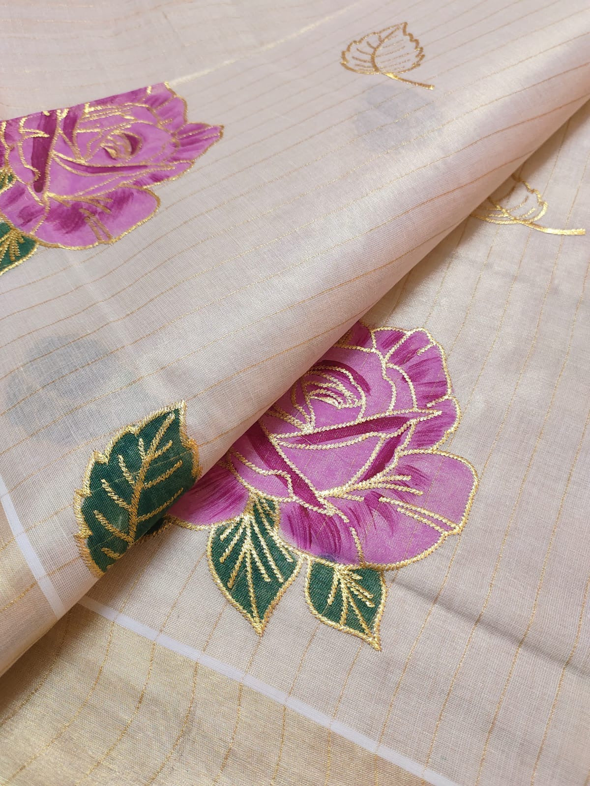 Premium Tissue Striped Saree with Rose Embroidery