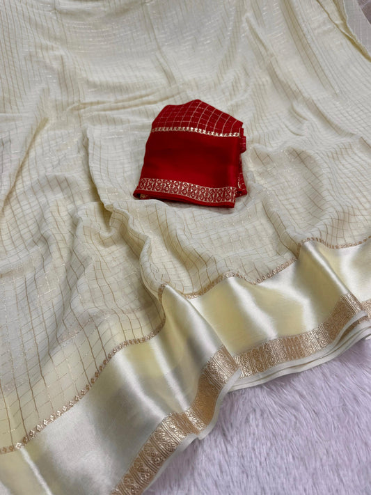 Soft viscous georgette saree with checks and satin border