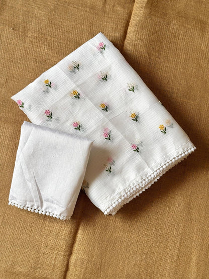 Soft kota saree with small floral butta embroidered body and lace border..
