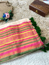 Premium pure mul cotton saree with green tassels and jacquard border