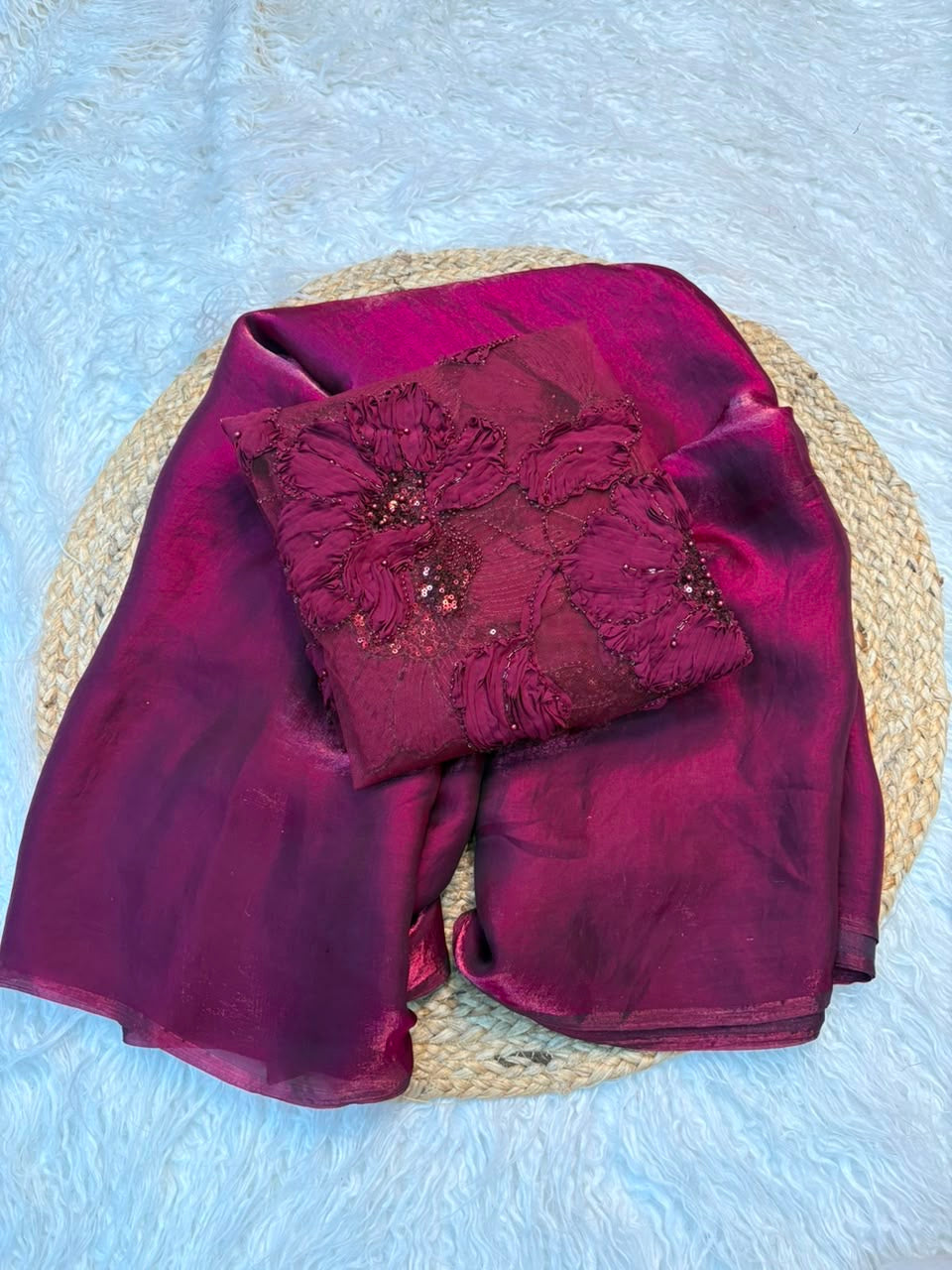 Beautiful plain metallic shimmer saree with designer blouse piece with intricate work