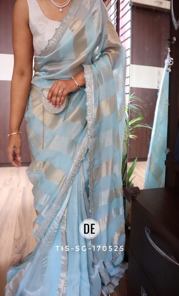 Pure organza tissue in silver and gold zari stripes saree