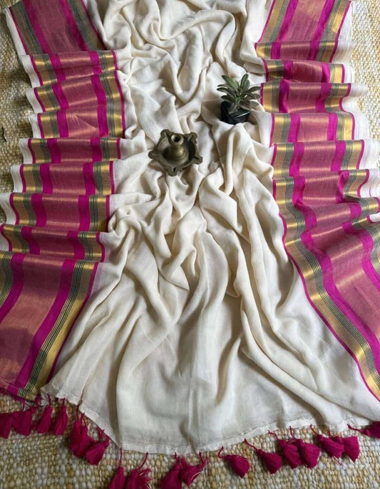 Pure authentic mul cotton saree with pink zari border