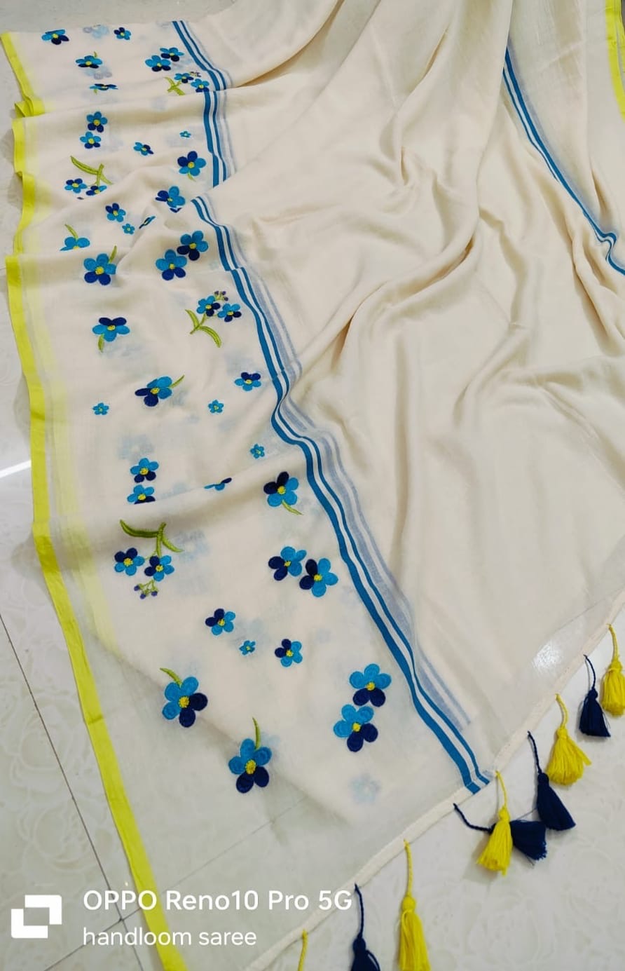 Pure mul cotton saree with blue floral embroidery