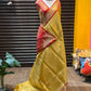 Banarasi tissue kanchi style yellow saree with contrast red border