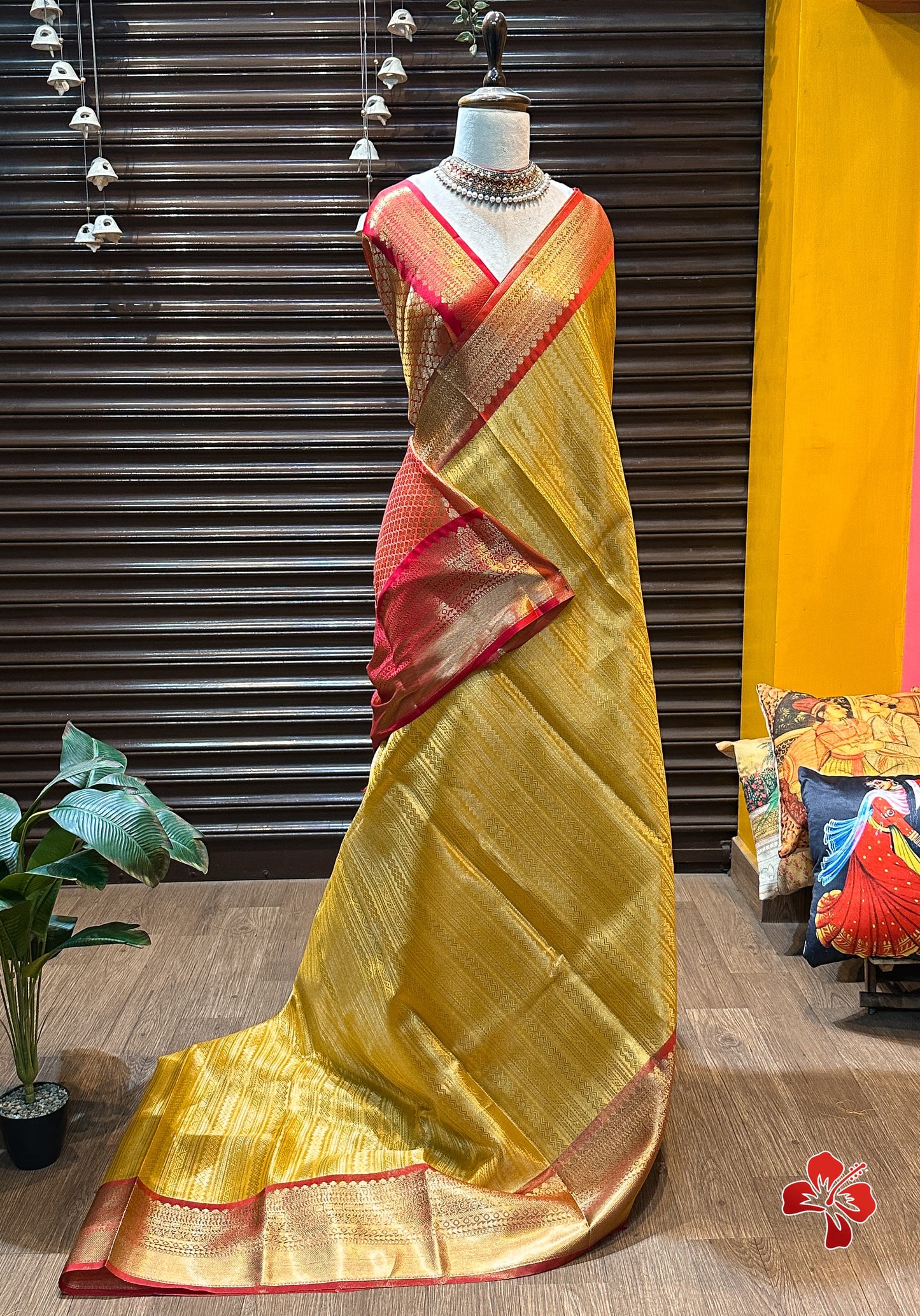 Banarasi tissue kanchi style yellow saree with contrast red border