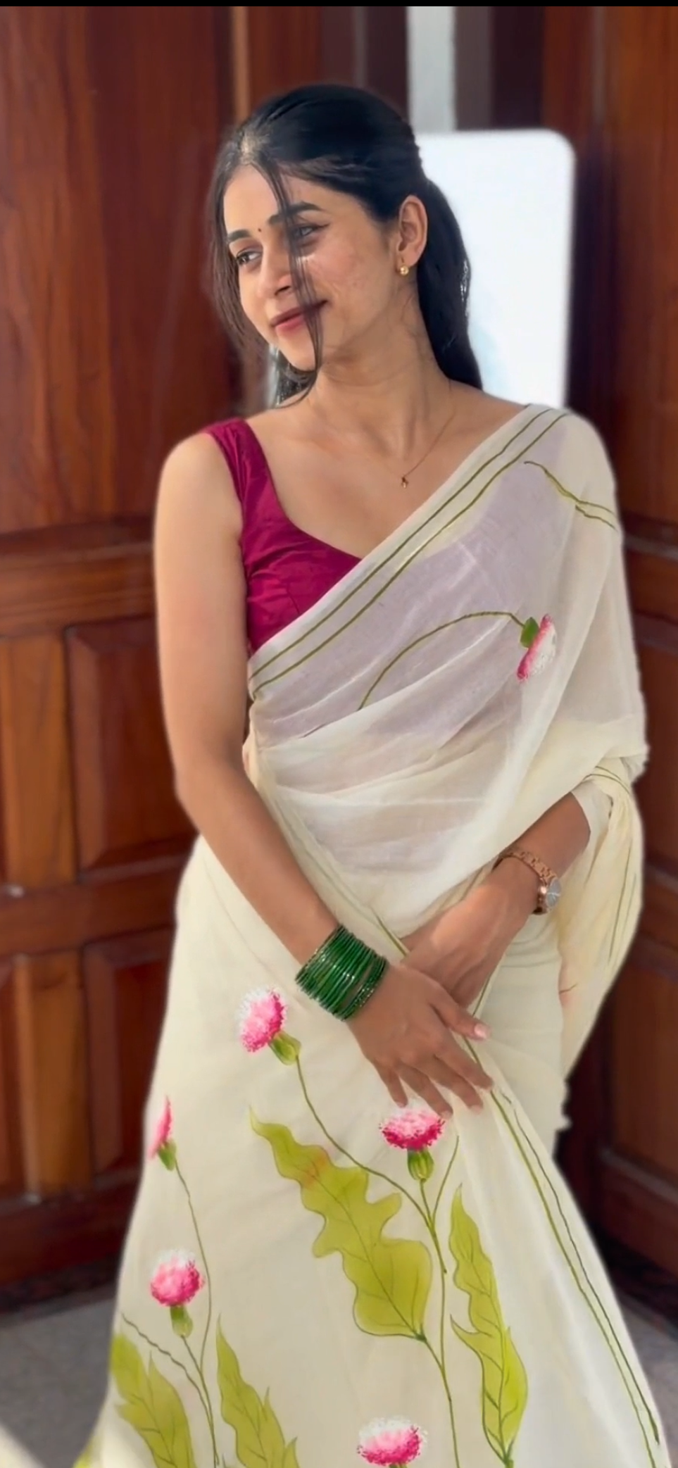 Pure mul cotton handpainted saree - globe amaranth