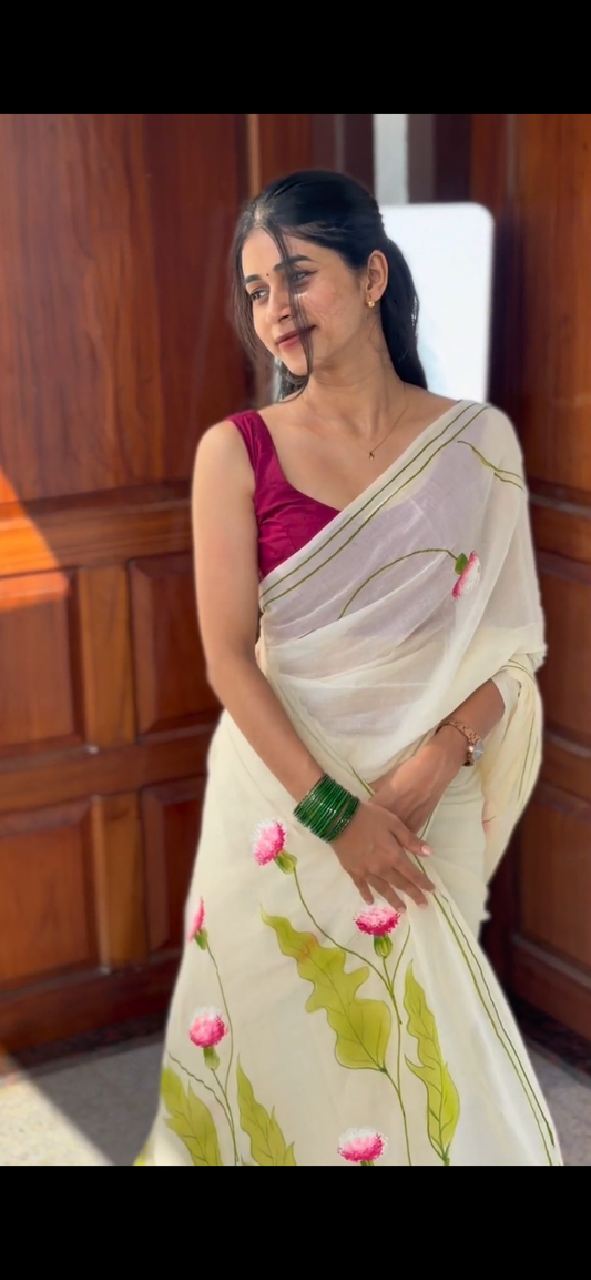 Pure mul cotton handpainted saree - globe amaranth