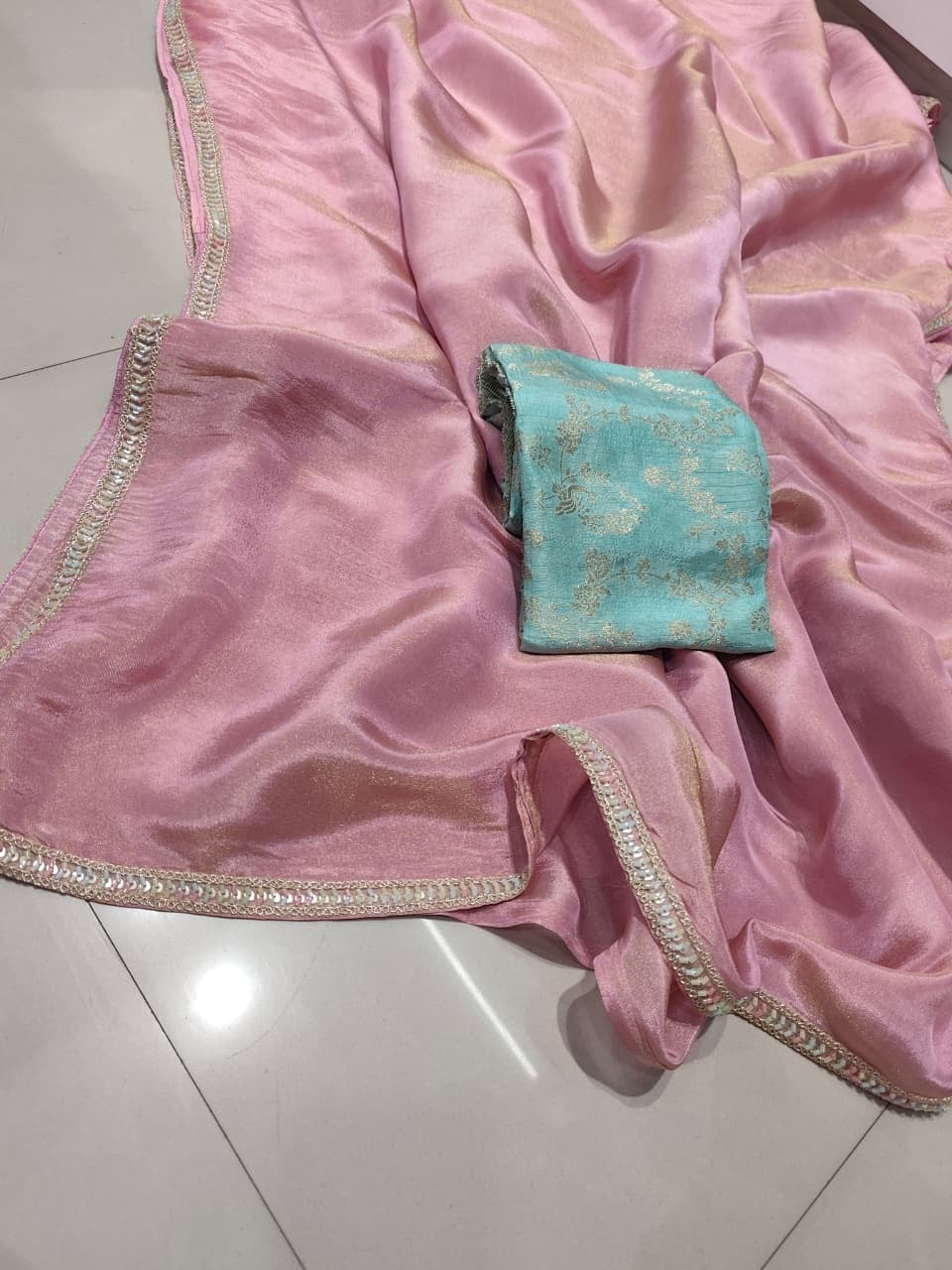 Pure tissue silk saree with handwork cutdana border and Banarasi weaving blouse