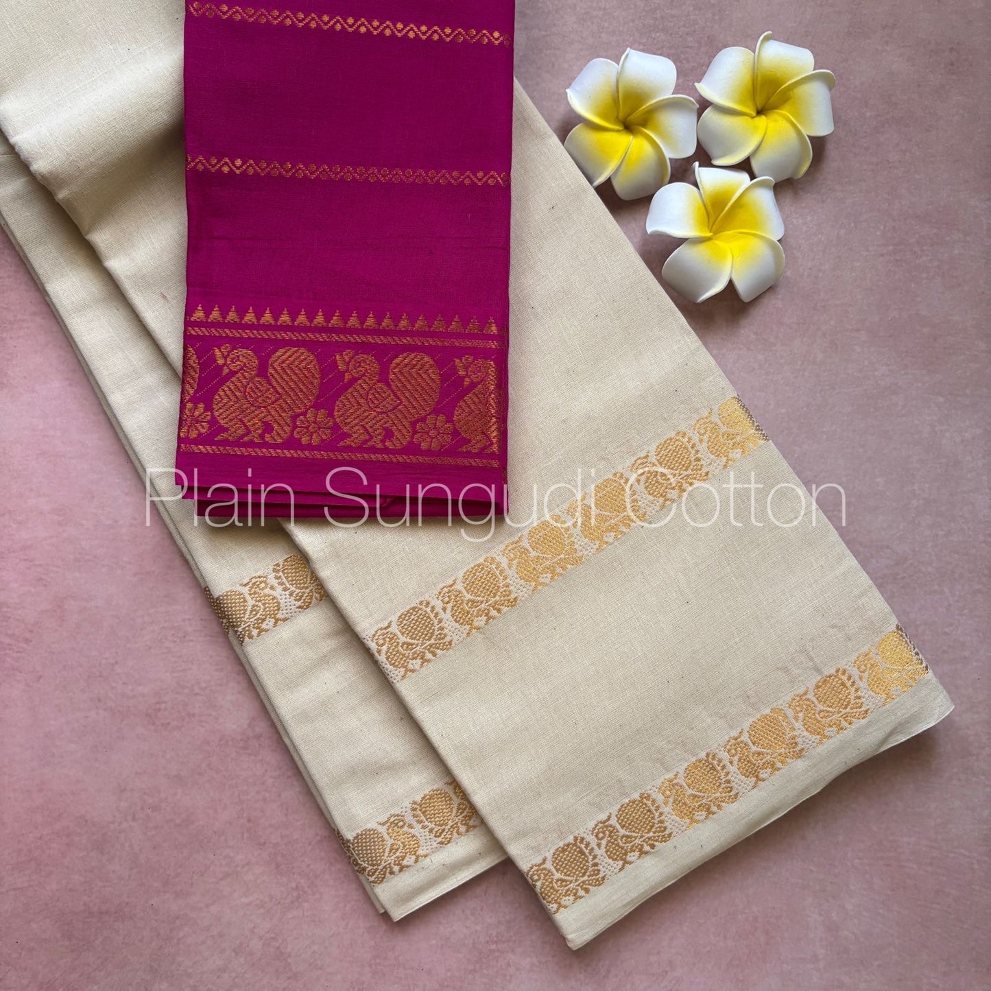 Pure plain sungudi cotton saree with double peacock border - white