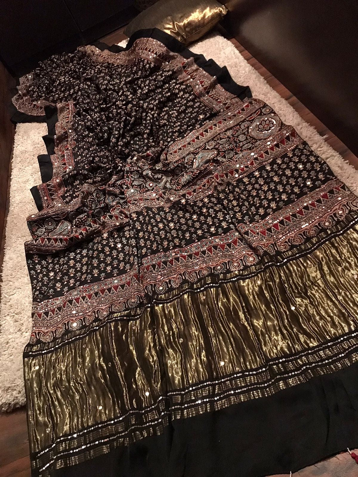 Pure Handblock ajrakh print mirror work modal silk saree (Prebooking 35 days)