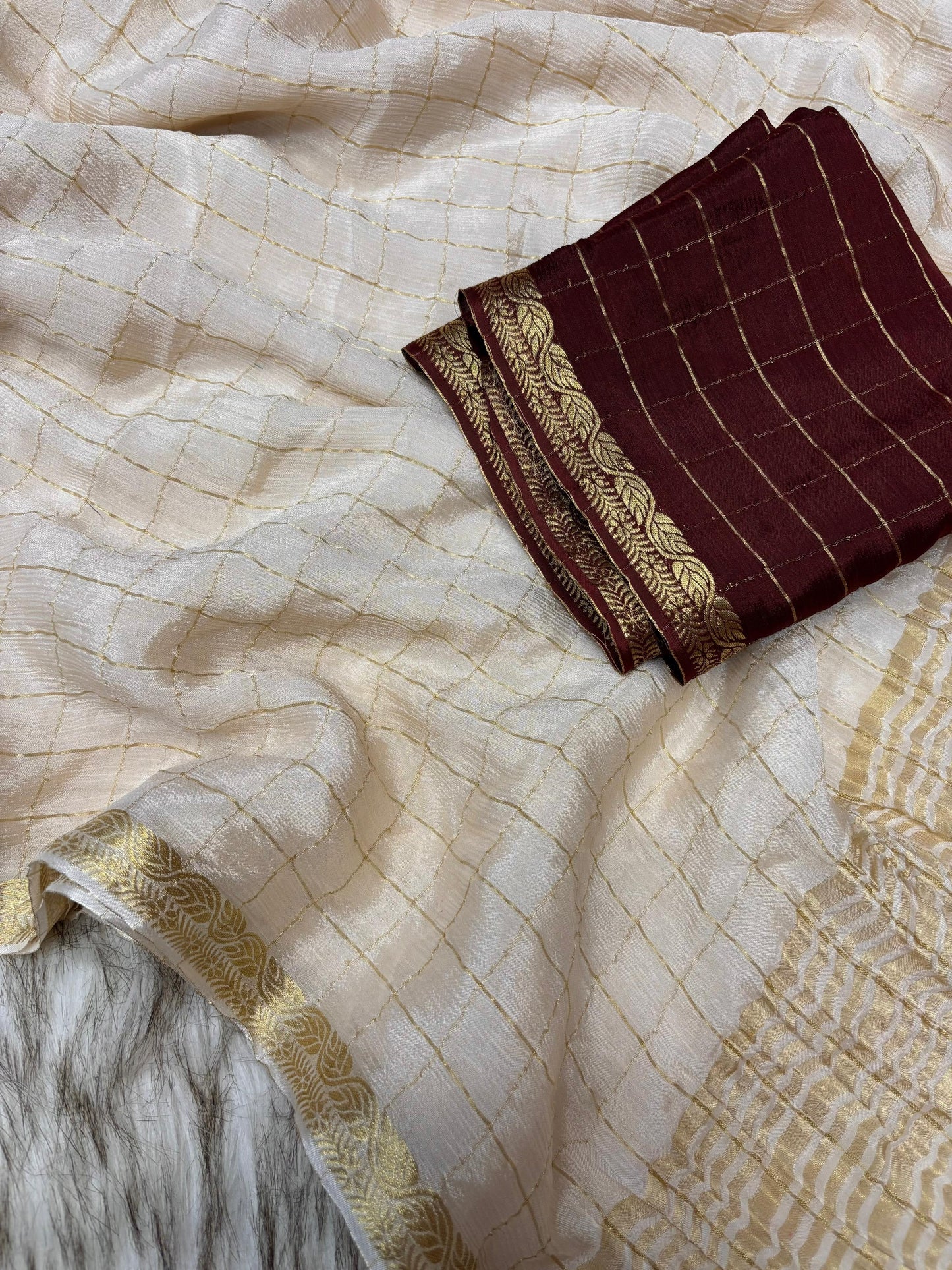 Soft viscous chinon silk saree with checks with contrast blouse