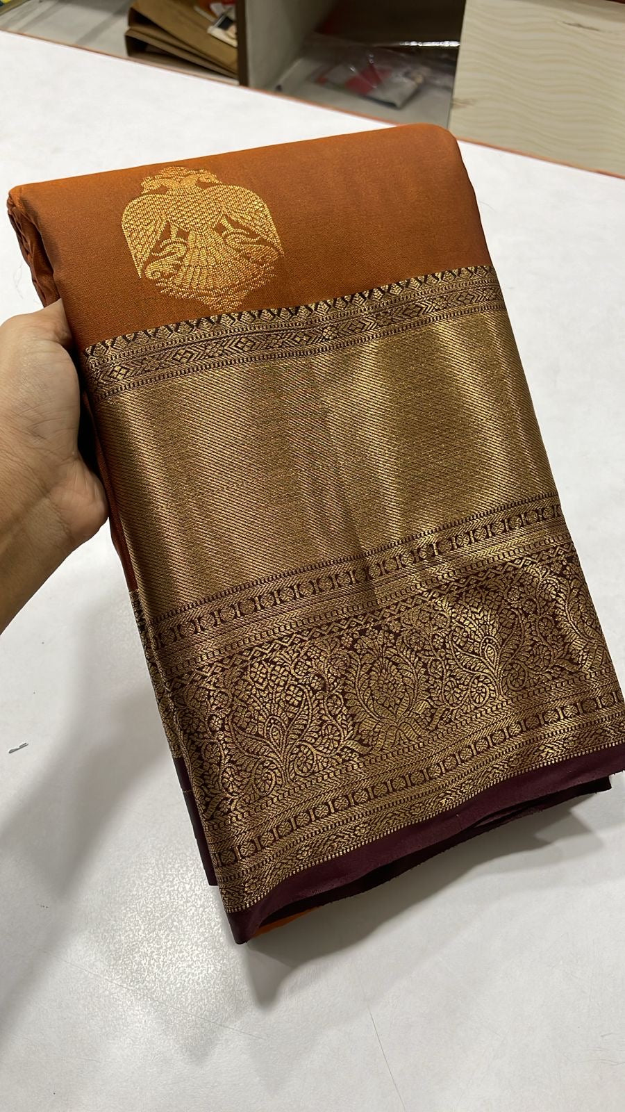 Beautiful vintage rust orange silk saree with contrast border and blouse