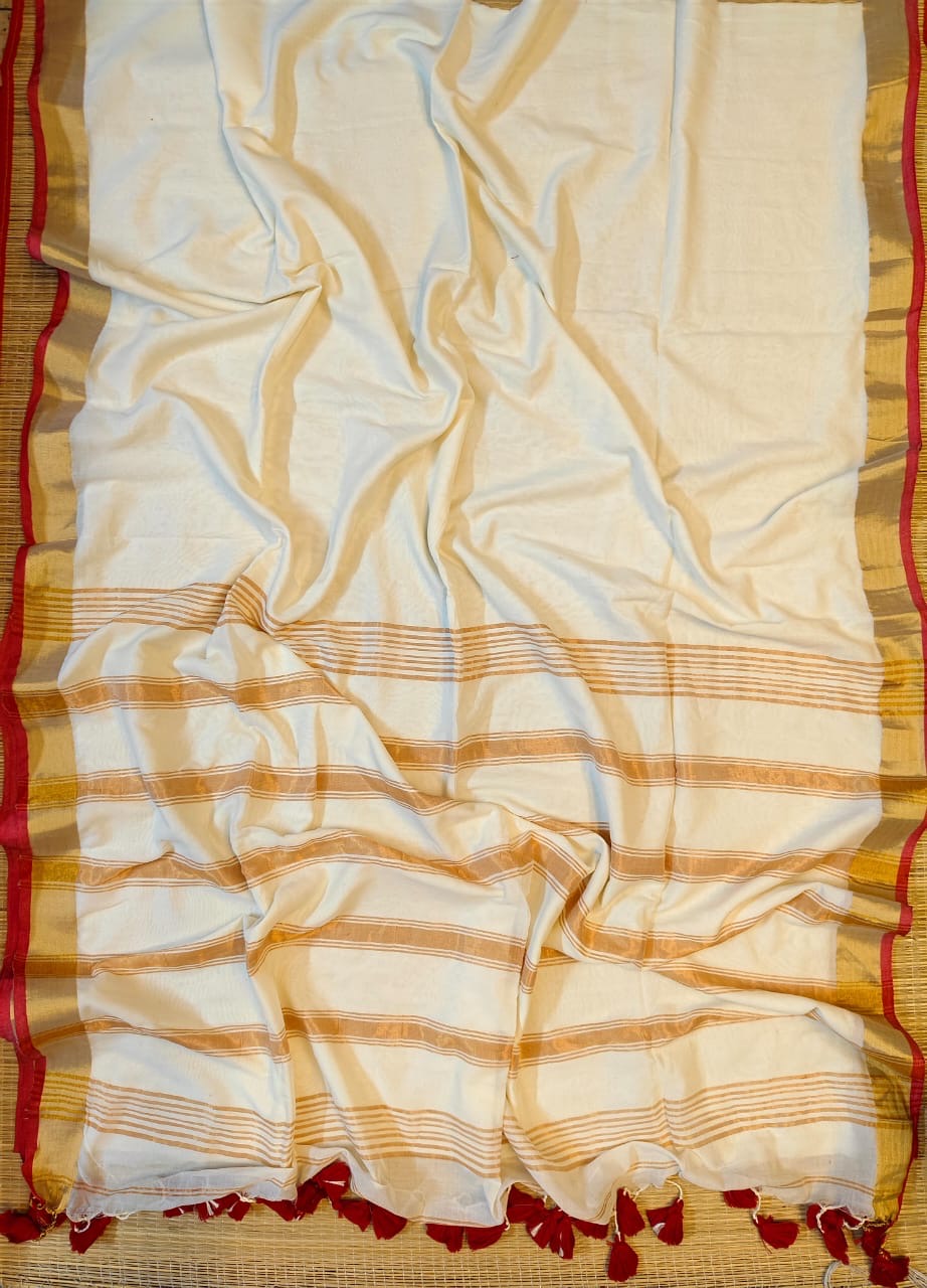 Premium kerala cotton saree with Red Zari border