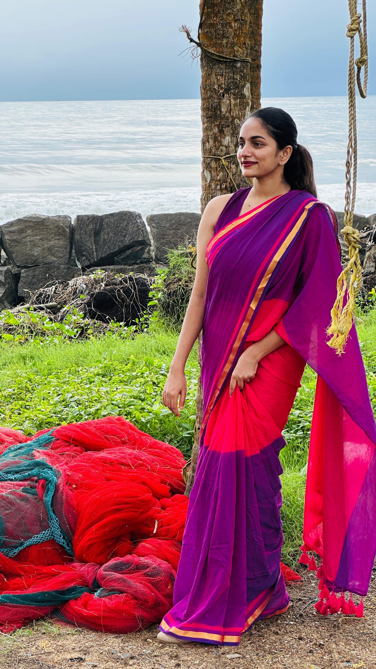 Pure mul cotton saree half pink purple