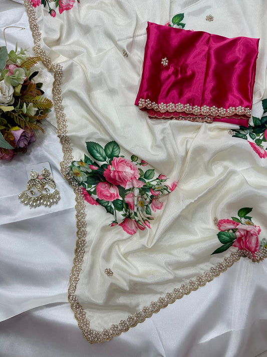 Floral chinon saree with beautiful pearl work border