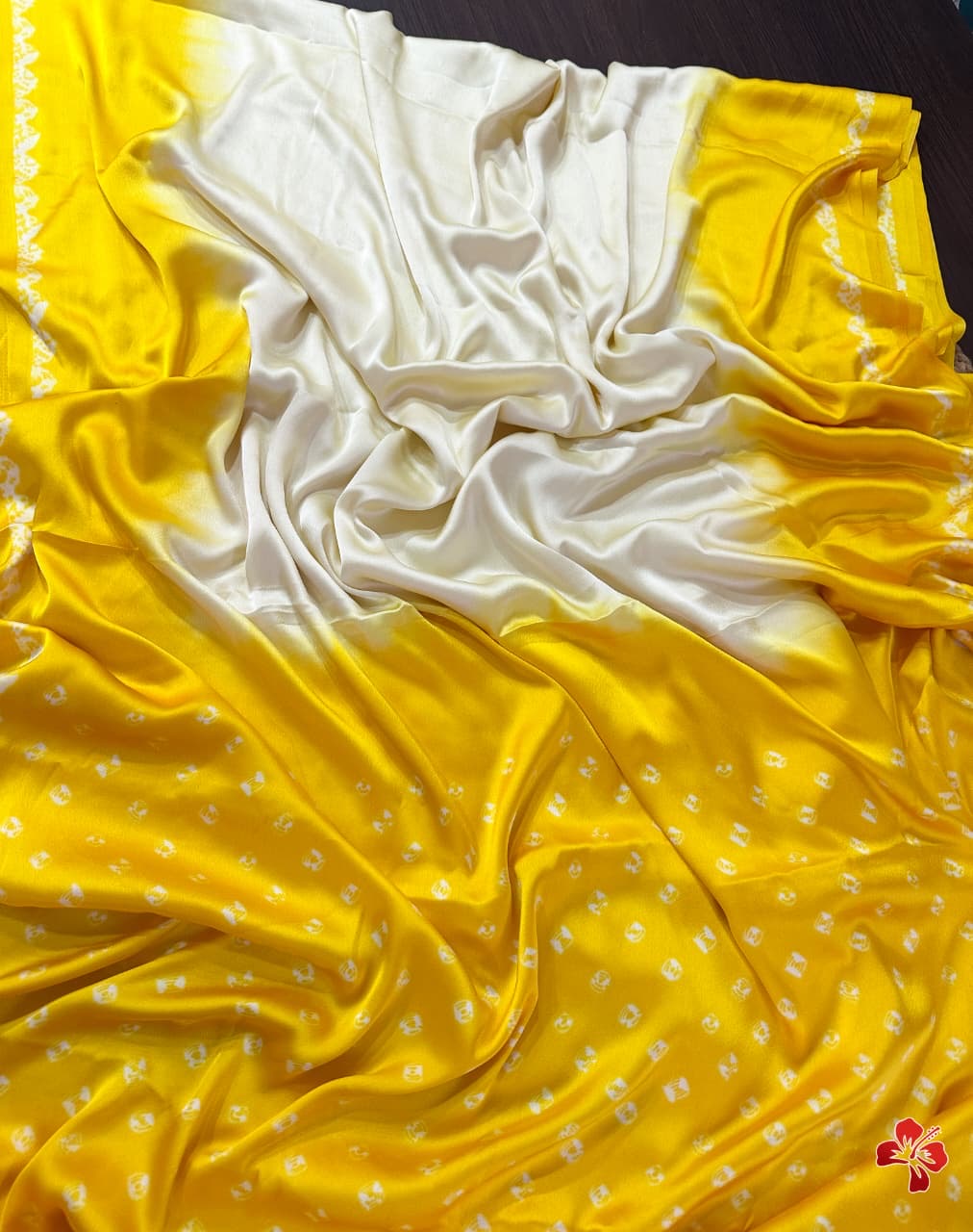 Beautiful viscous satin silk with bandhini prints - Chaitra reddy inspired