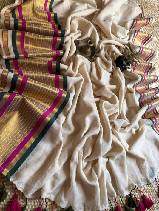 Pure authentic mul cotton saree with zari lines border - without blouse