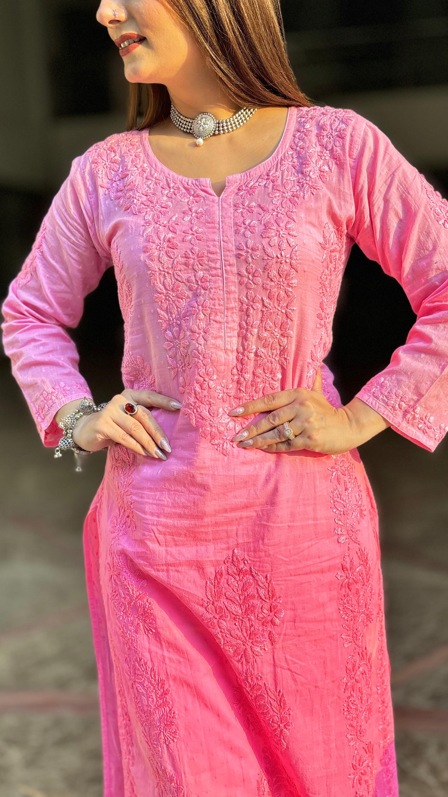 Ombre shaded Dobby cotton chikan kurta set